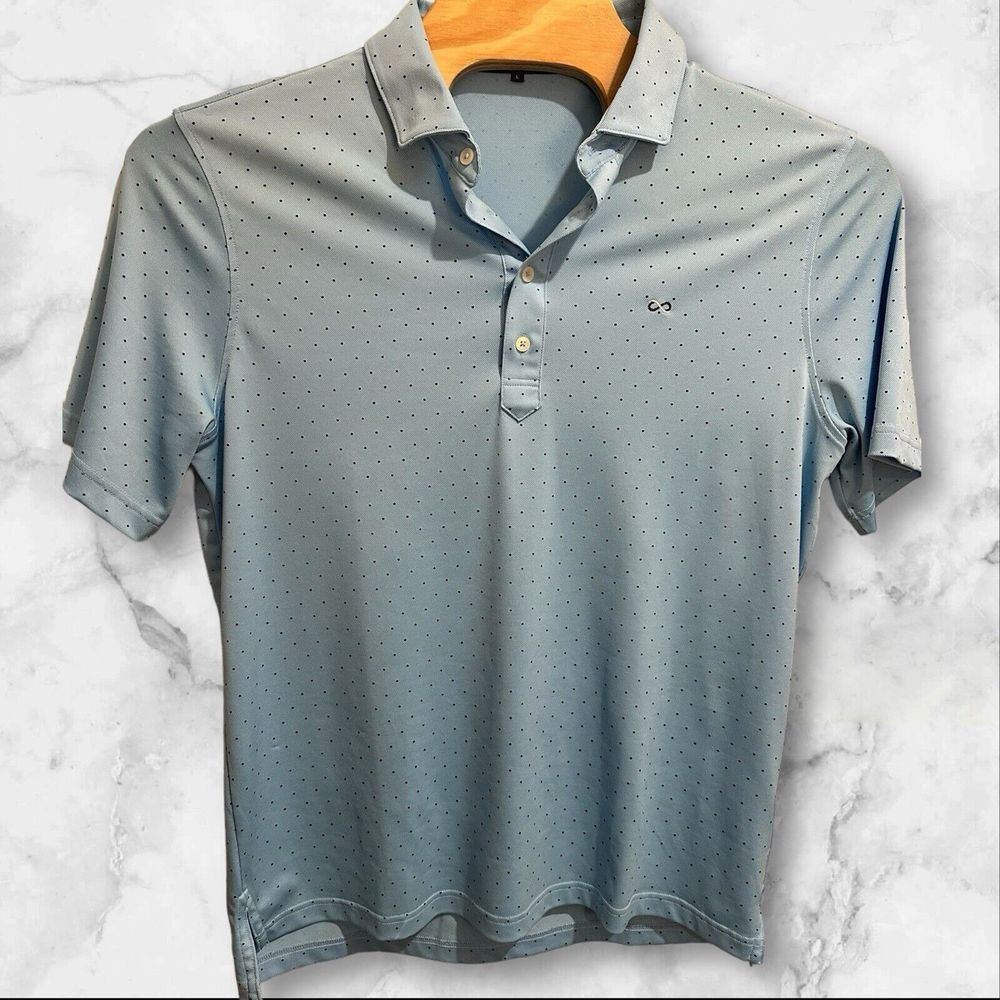 Men's Stitch golf polo Large Light Blue with Navy Dots